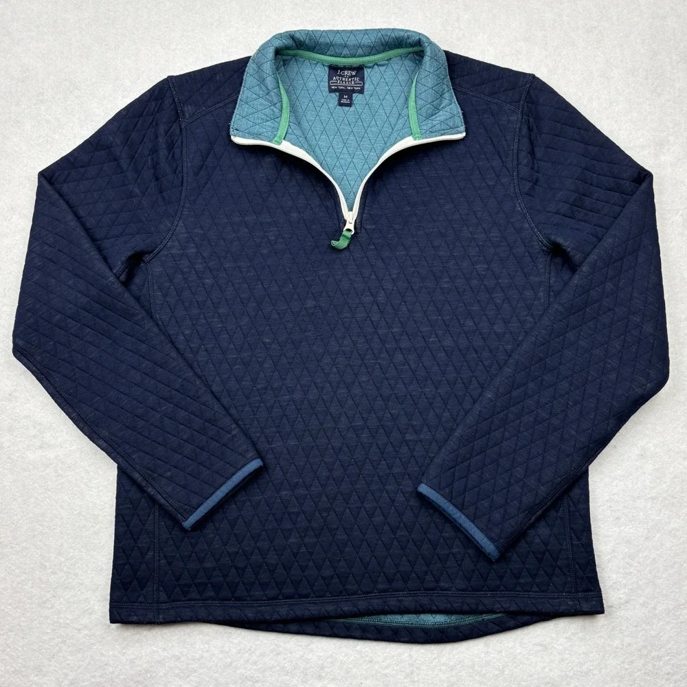 JCrew Mens Quilted Quarter Zip Pullover Sweater Navy Blue Teal Size Medium BL209